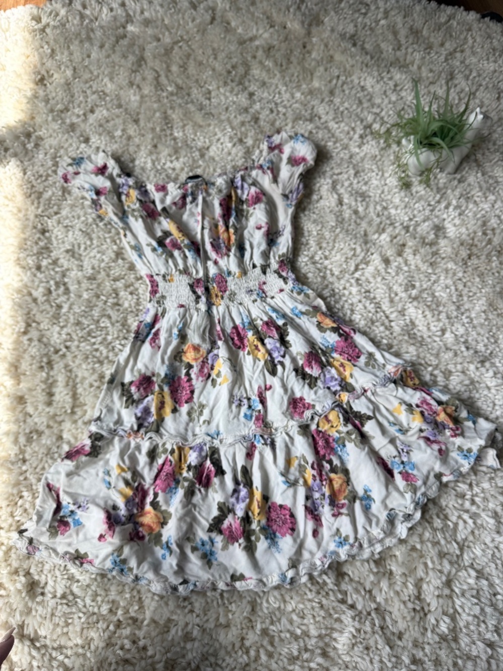 Soft white Floral Tiered Smocked Dress - White with Pink & Yellow Bloom spring d